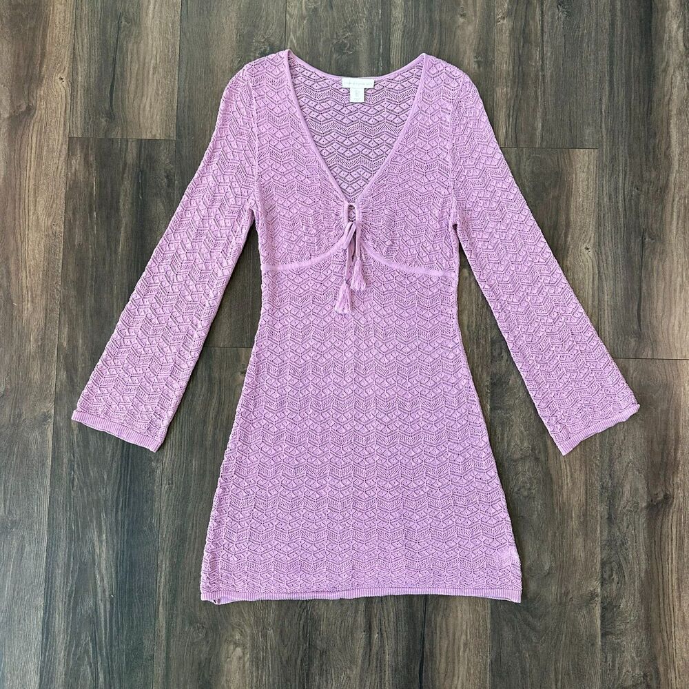 House of Harlow 1960 Crochet Dress Purple Tie Chest Keyhole Cutout V-Neck Large